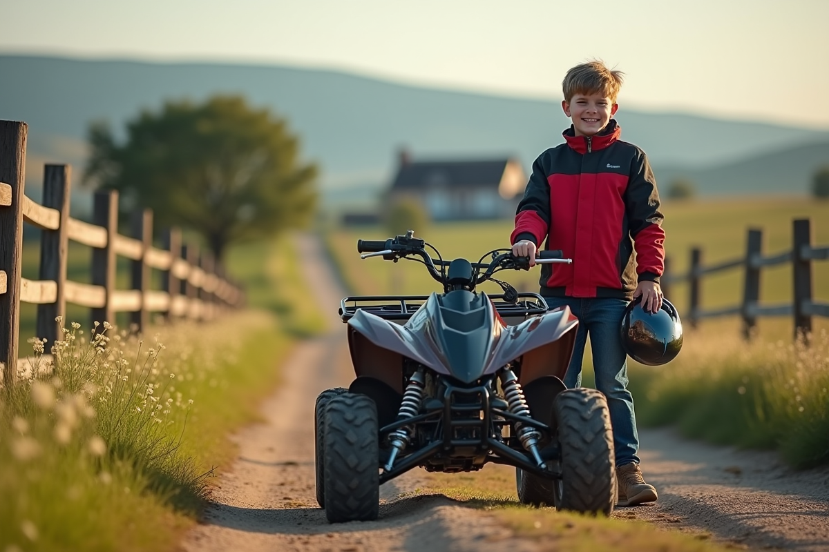 Jeune garçon souriant avec quad 50cc en nature