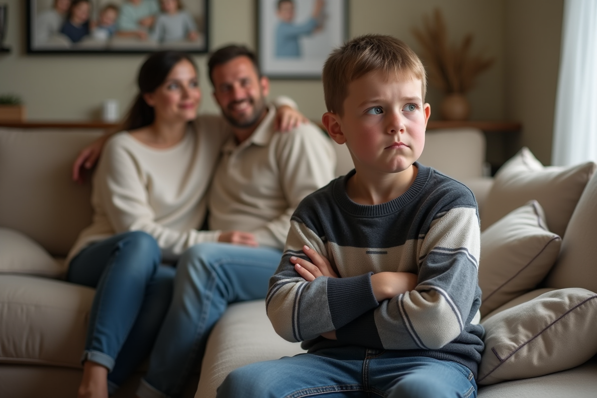 Garçon de 10 ans au regard réticent dans un salon familial