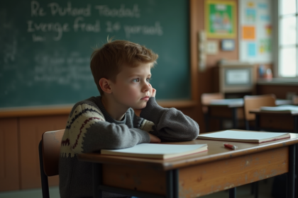 Garçon pensif assis en classe avec un regard triste