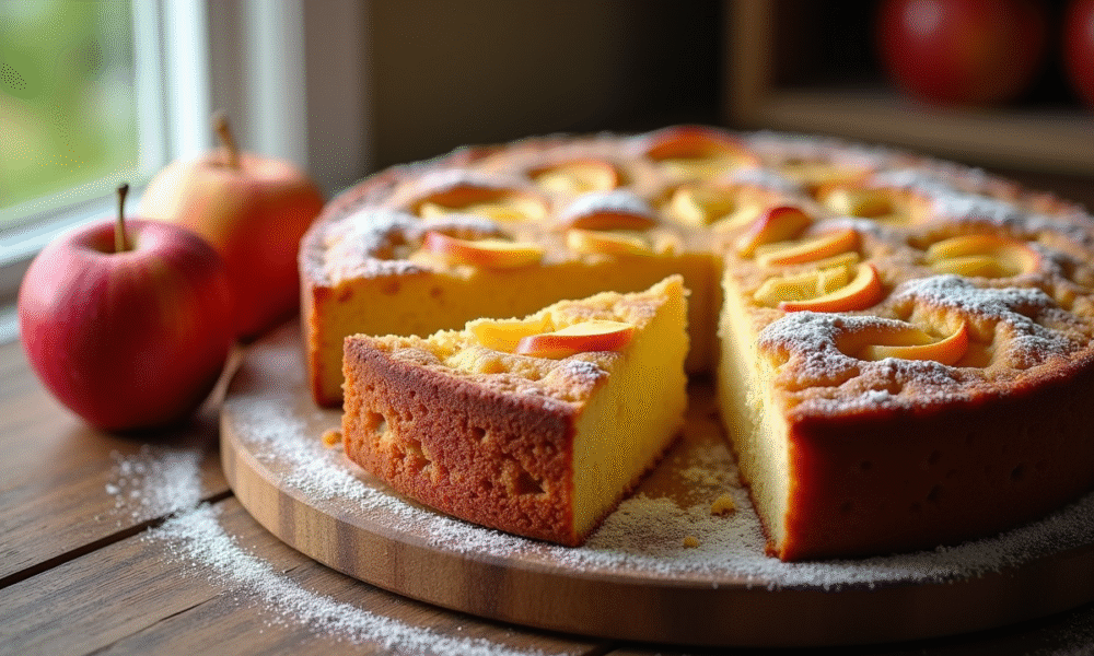 Gâteau aux pommes sans levure tranché sur table en bois