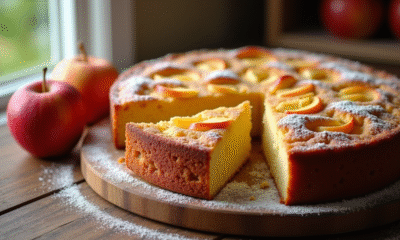 Gâteau aux pommes sans levure tranché sur table en bois