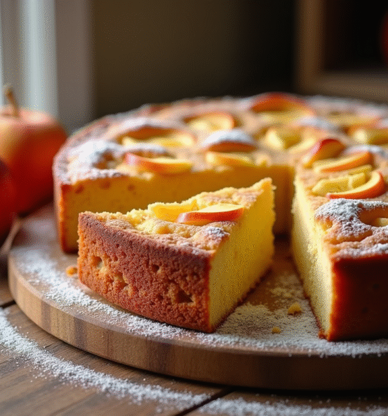 Gâteau aux pommes sans levure tranché sur table en bois