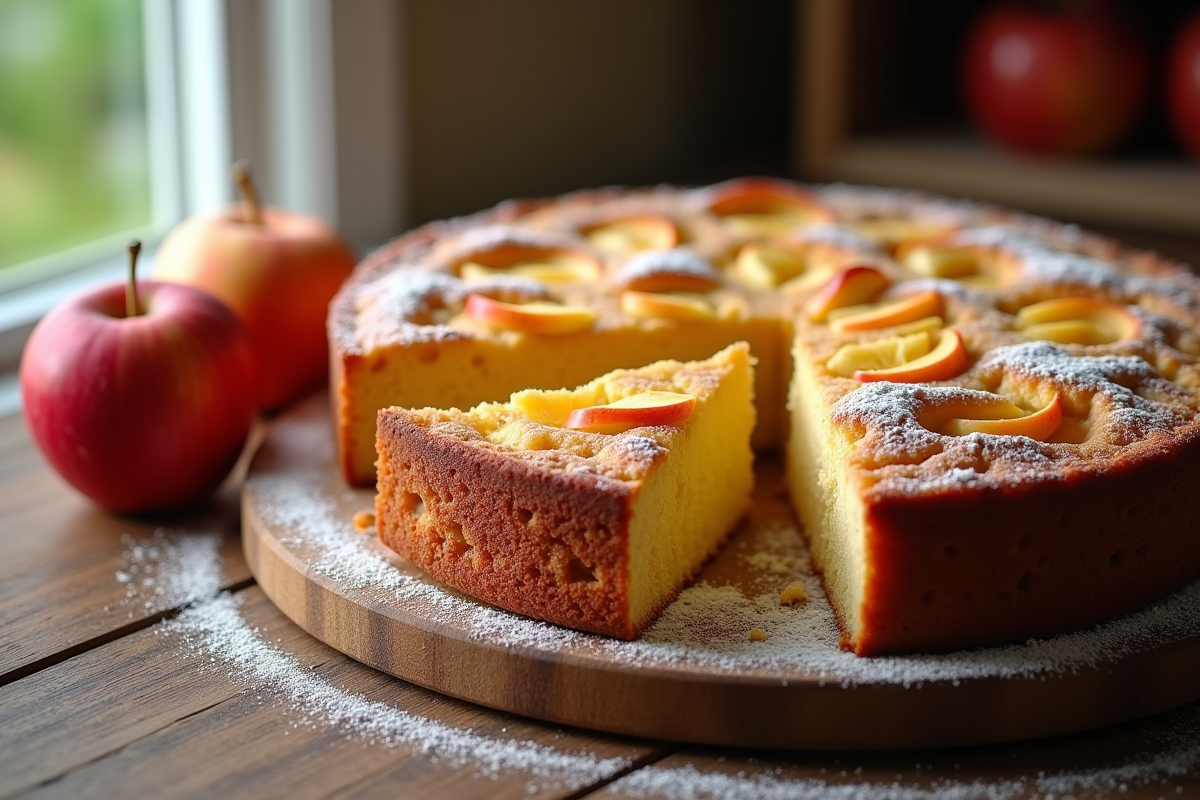Gâteau aux pommes sans levure tranché sur table en bois