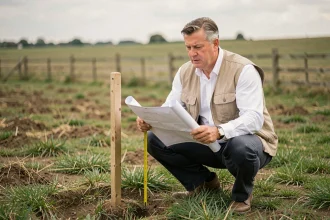 Géomètre expert mesurant les limites d'un terrain avec un plan foncier et un ruban métrique en milieu rural