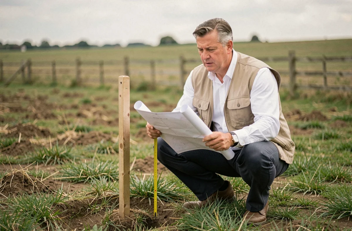 Géomètre expert mesurant les limites d'un terrain avec un plan foncier et un ruban métrique en milieu rural