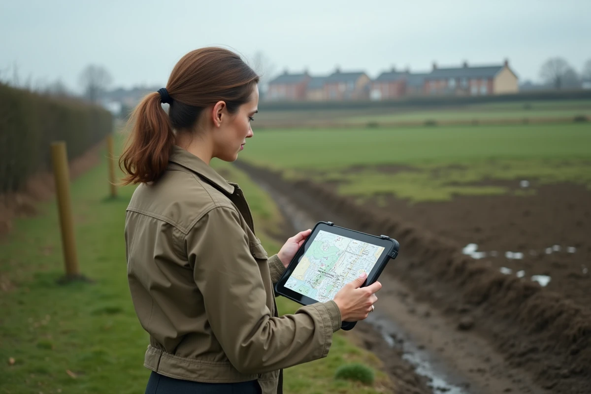 Femme géomètre consultant une carte cadastrale sur tablette lors d'un relevé foncier sur le terrain