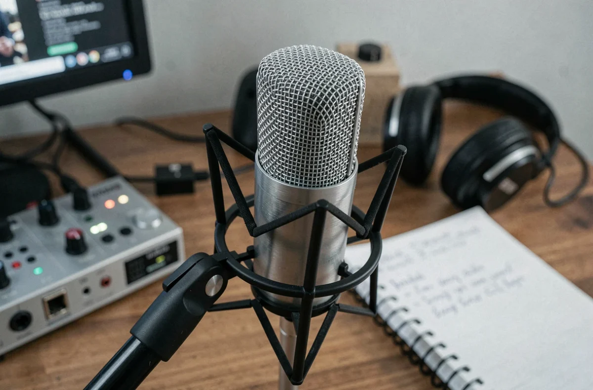 Gros plan d'un microphone samarium cobalt sur pied en home studio avec interface audio et casque en arrière-plan flou