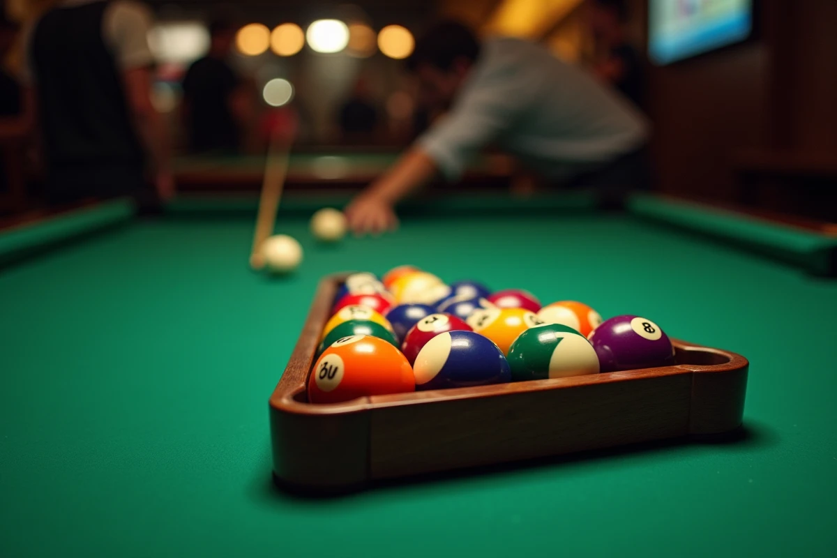 Gros plan sur un rack de billard avec quinze billes numérotées regroupées sur un tapis vert, queue et craie posées sur la bande