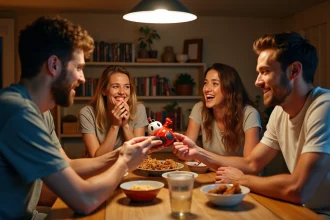 Groupe d'amis adultes jouant à Bomb Party autour d'une table en bois, riant et passant le buzzer électronique en forme de bombe