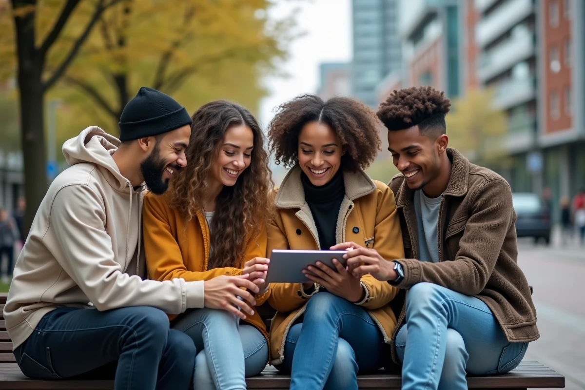 Groupe d amis souriants partageant une tablette dans un parc urbain