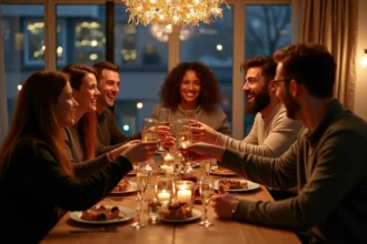 Groupe d'amis célébrant le réveillon dans un appartement chaleureux