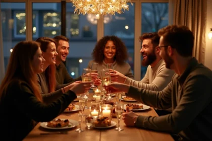 Groupe d'amis célébrant le réveillon dans un appartement chaleureux