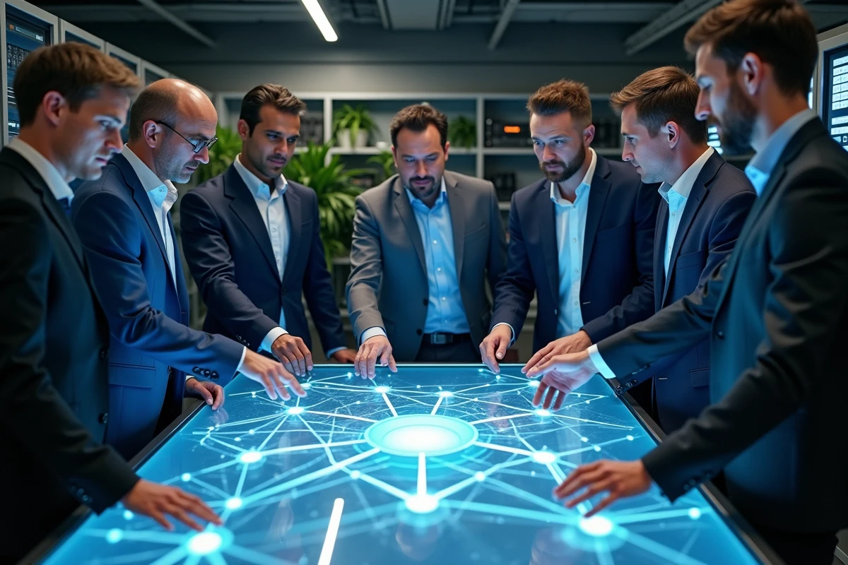 Groupe de professionnels interagissant avec hologramme blockchain