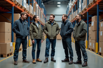 Groupe d'adultes divers en tenue de travail dans un entrepôt industriel