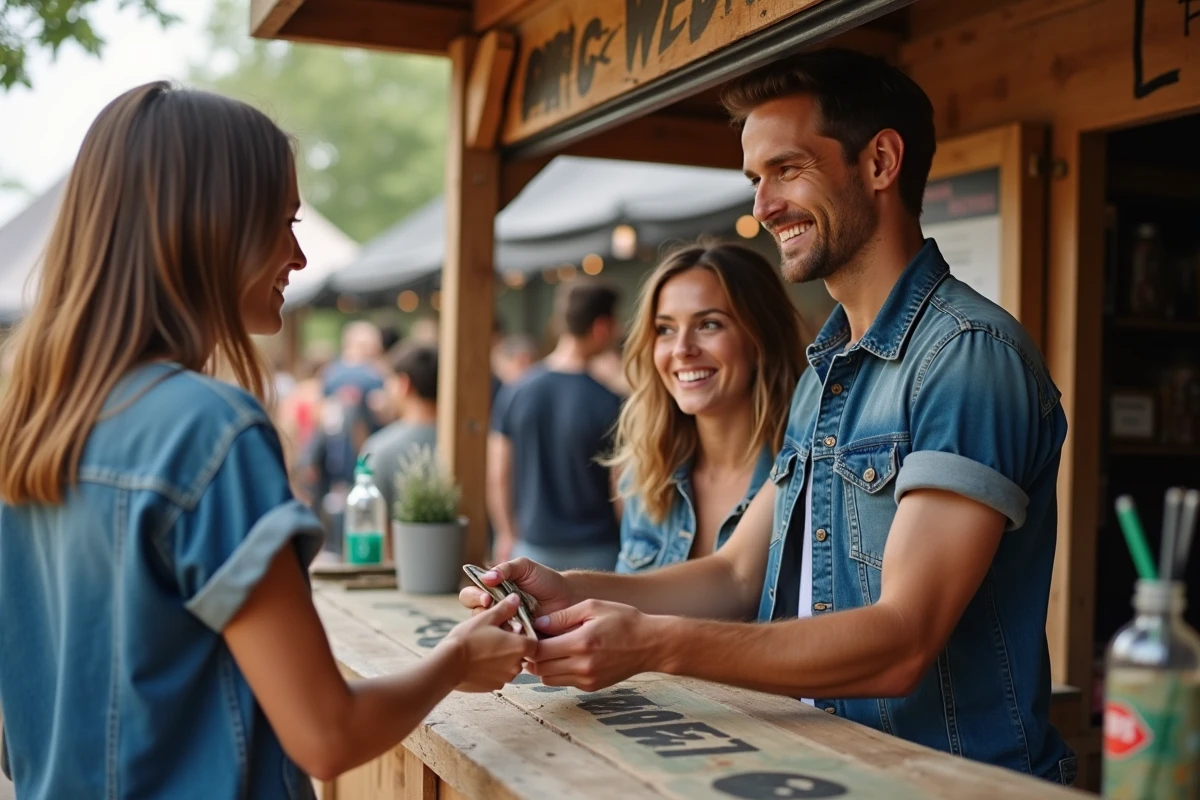 Deux festivaliers achetant leurs billets à un guichet de billetterie sur le site du festival Vieilles Charrues