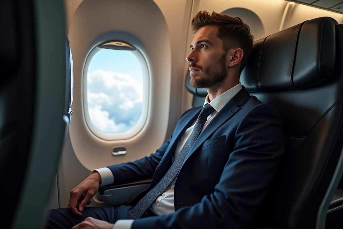 Jeune homme en costume dans un avion moderne regardant par la fenêtre