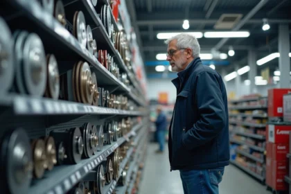 Homme regardant des disques de frein en magasin auto