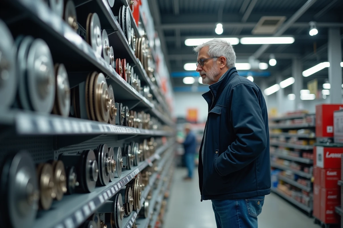 Homme regardant des disques de frein en magasin auto