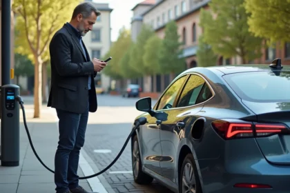 Homme d'affaires vérifiant son téléphone près d'une voiture hybride en charge