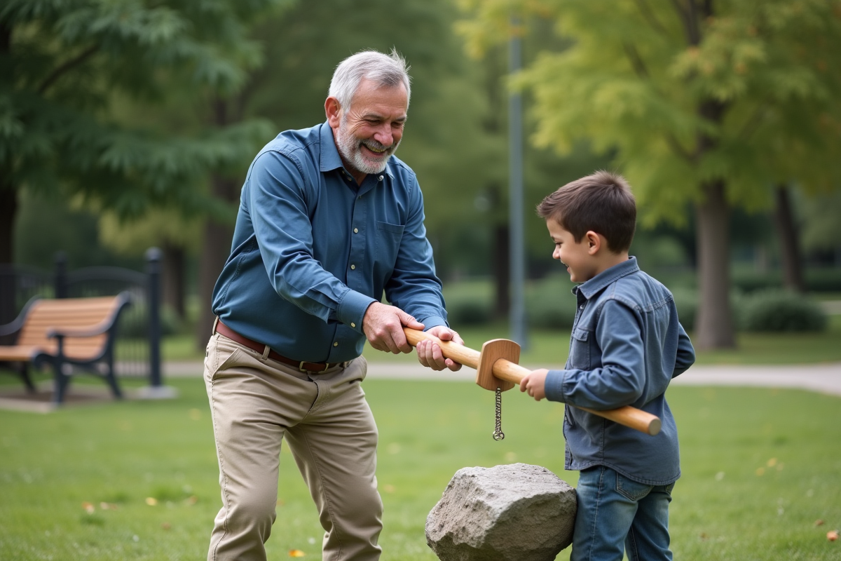 Homme montrant un levier à un jeune garçon dans un parc urbain