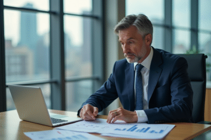 Homme d'affaires en costume bleu analysant des rapports financiers