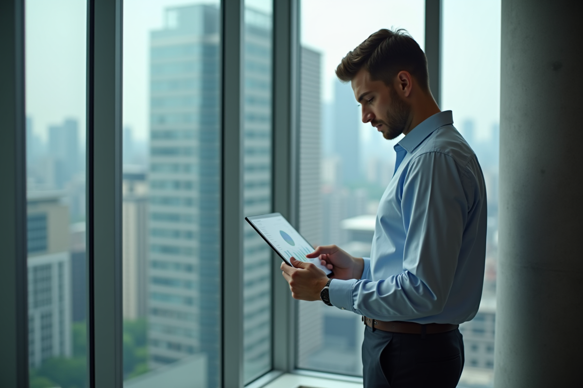 Homme regardant un graphique sur sa tablette au bureau