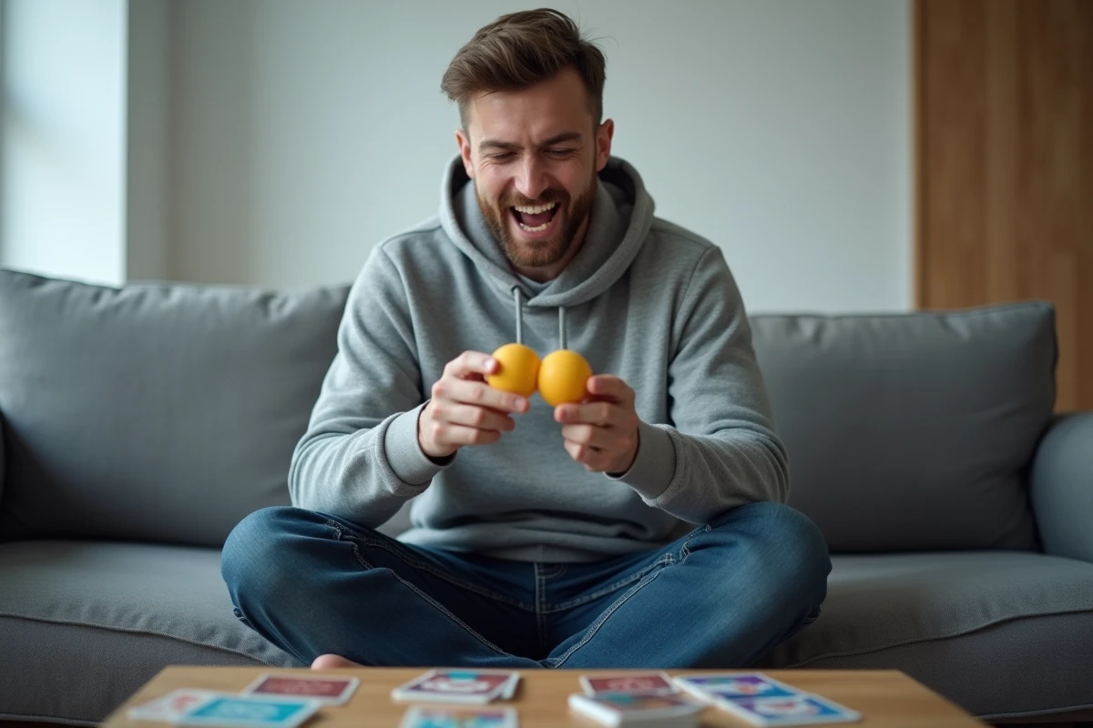 Jeune homme concentré tenant un buzzer Bomb Party sur un canapé moderne, expression de tension comique pendant une partie en solo