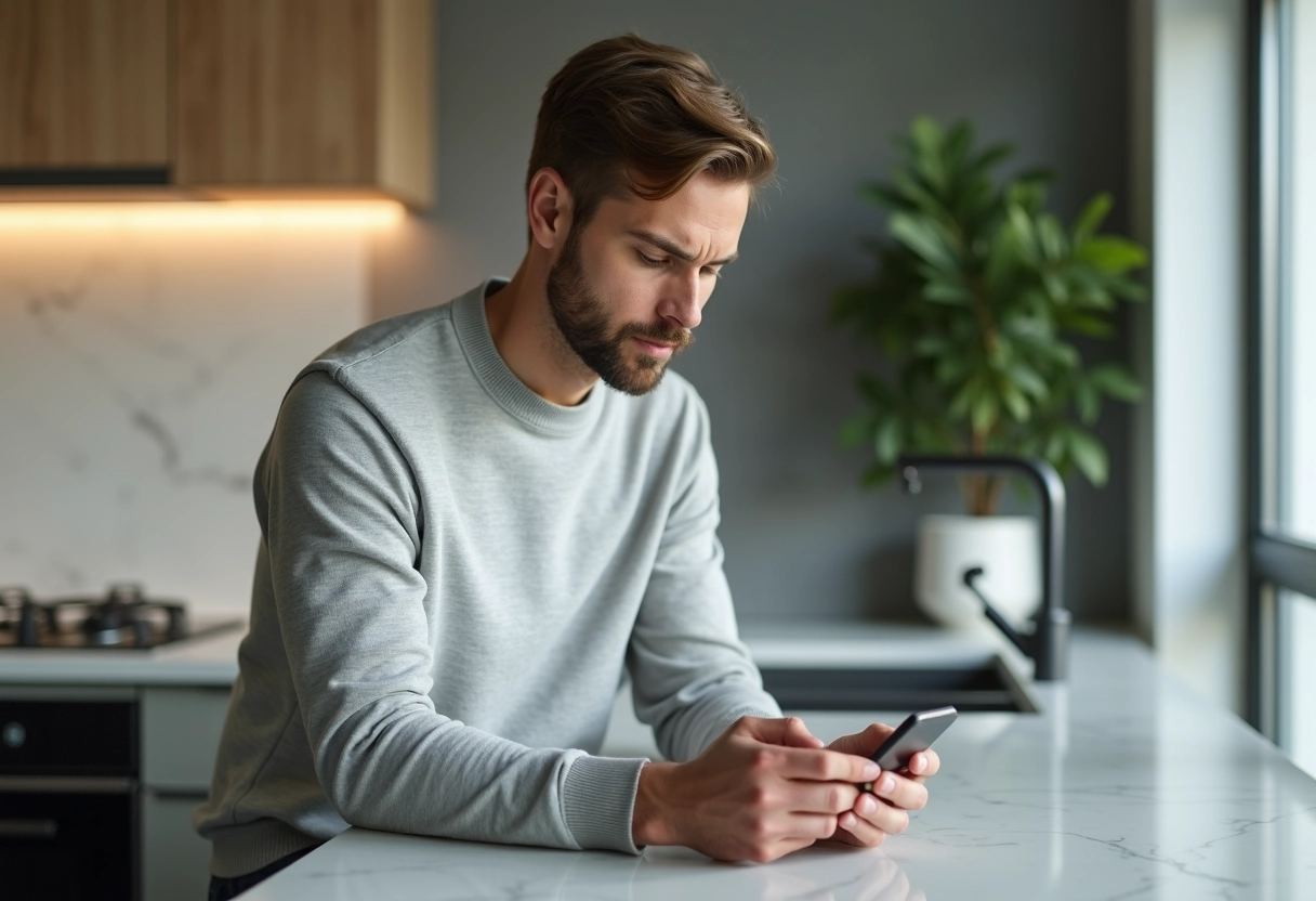 Homme dans la cuisine moderne regardant son smartphone
