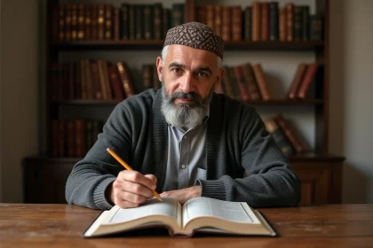 Homme méditatif lisant le Quran dans une salle calme