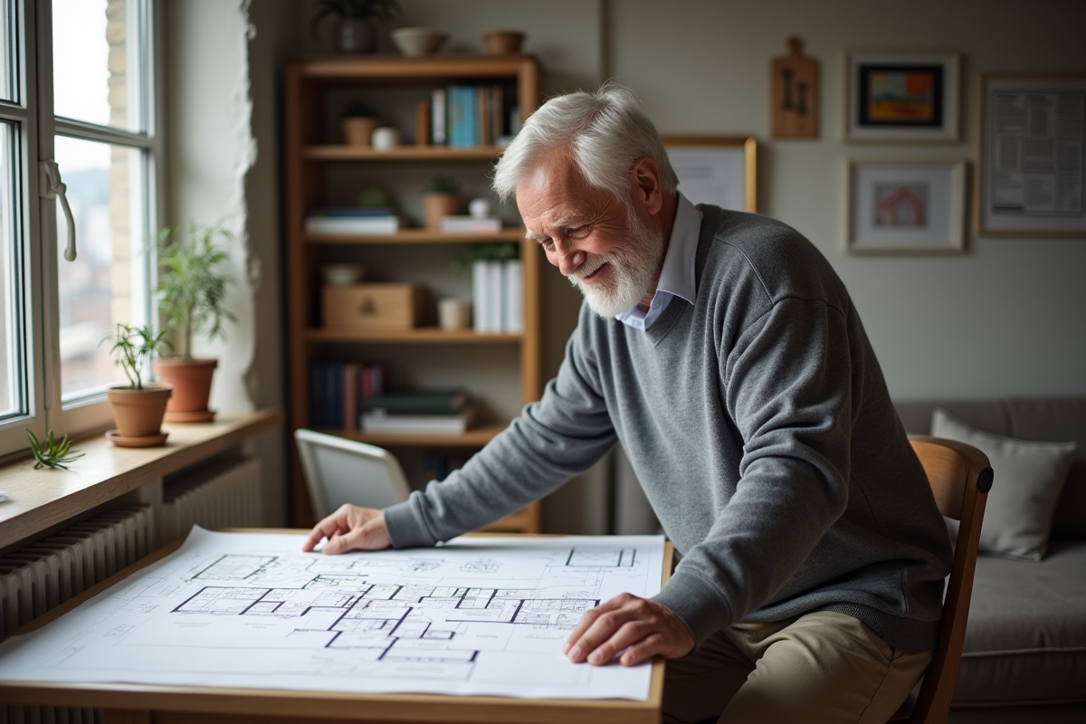 Homme âgé examinant un plan dans un studio urbain