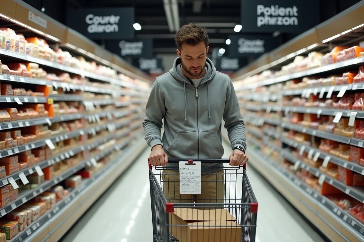 Homme organisant ses courses avec des bons de réduction dans le rayon épicerie d'un supermarché Leclerc