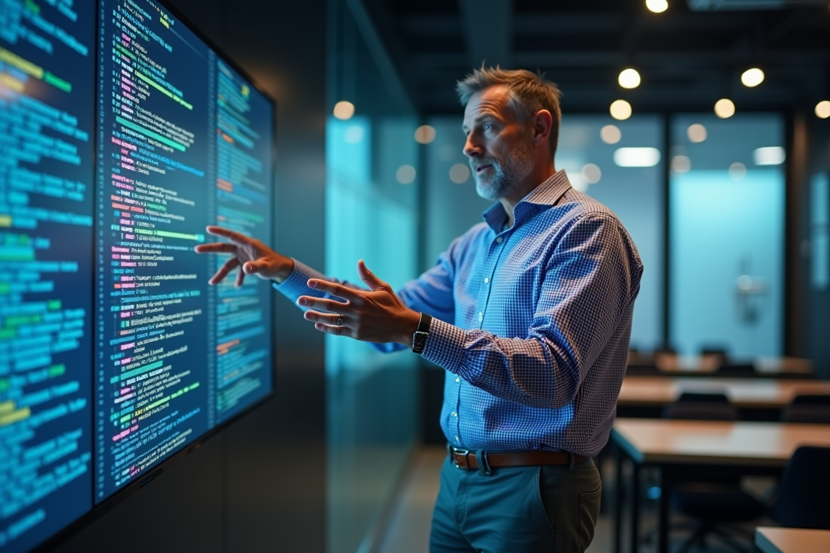 Homme expliquant des données sur un grand écran numérique