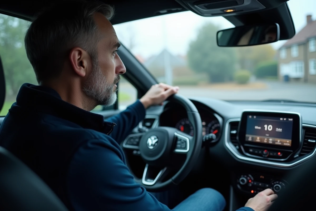 Homme écoutant la radio numérique DAB+ dans sa voiture, avec affichage Skyrock sur l'écran du tableau de bord