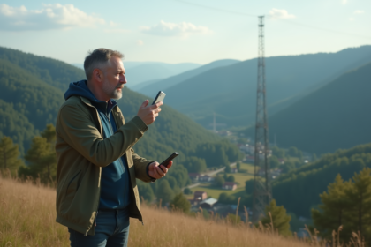 Homme d'âge moyen sur une colline rurale avec vue sur un village