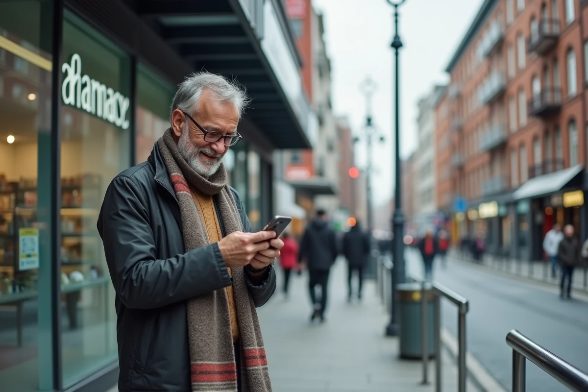 Homme dans la ville regardant son smartphone avec un sourire
