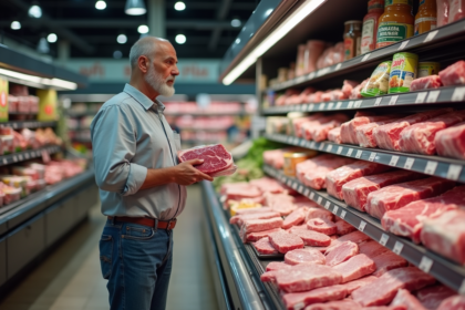 Homme d'âge moyen dans un supermarché regardant un paquet de viande