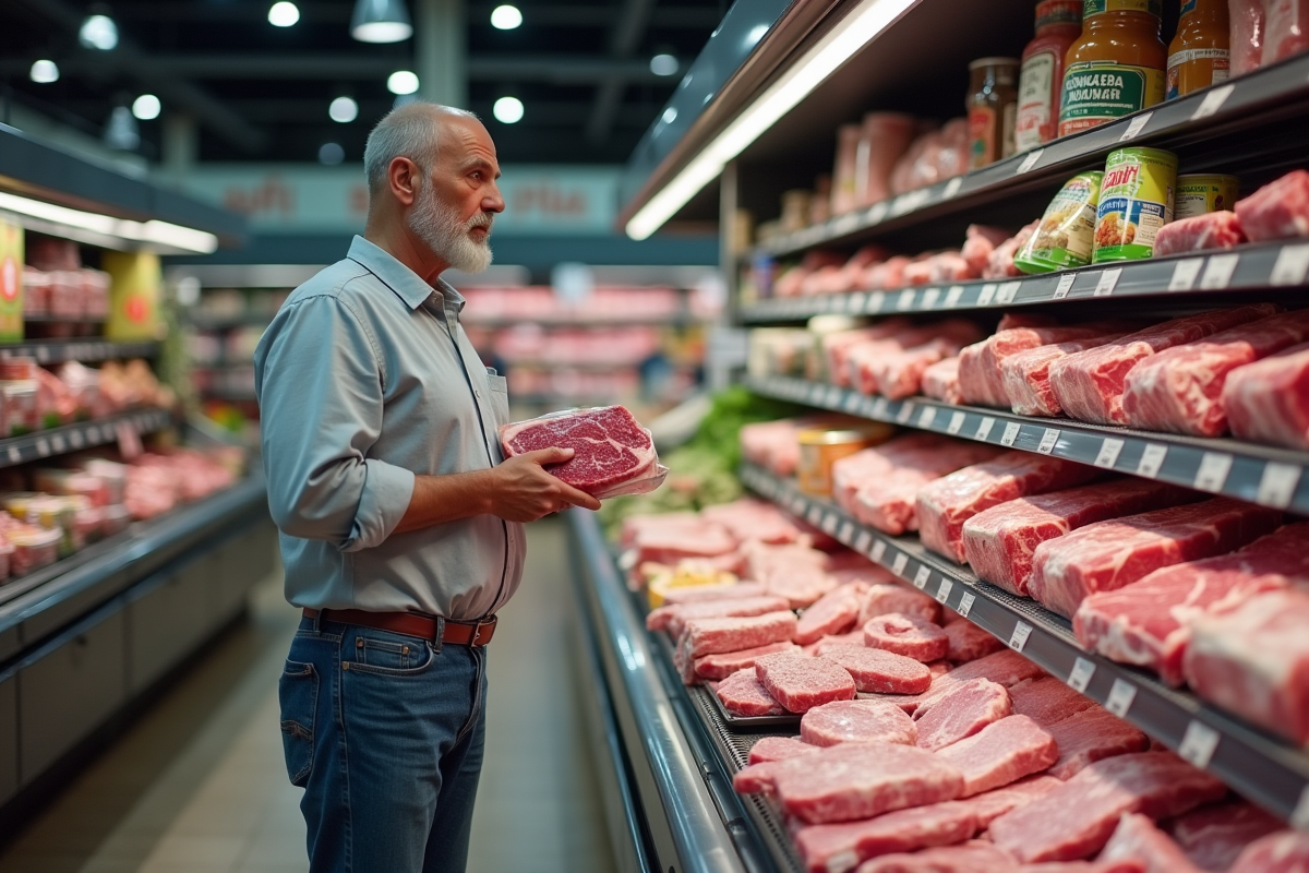 Homme d'âge moyen dans un supermarché regardant un paquet de viande