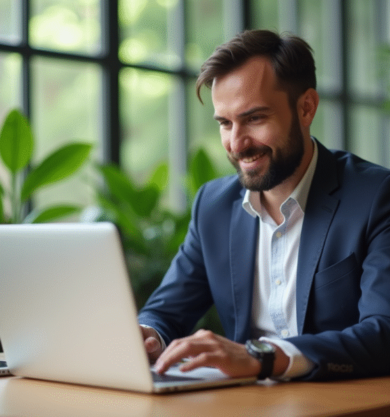 Homme confiant travaillant sur un ordinateur dans un espace coworking lumineux