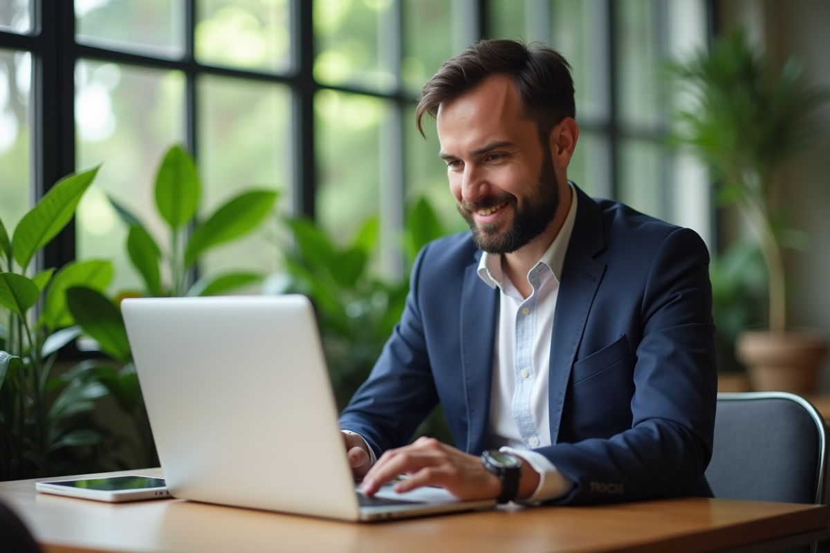 Homme confiant travaillant sur un ordinateur dans un espace coworking lumineux