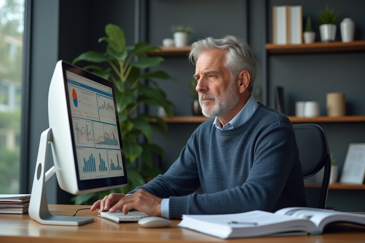 Homme mature au bureau regardant des graphiques financiers