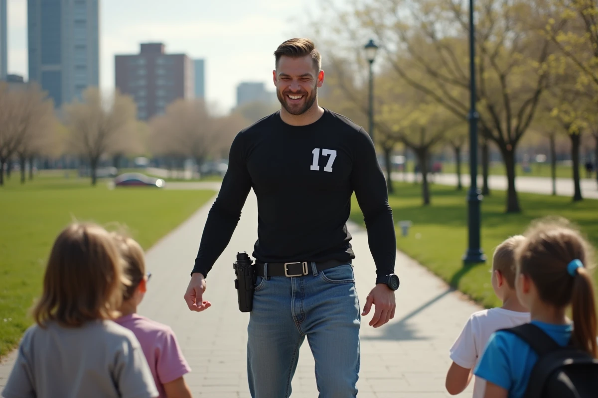 Homme avec enfants dans un parc urbain en plein air