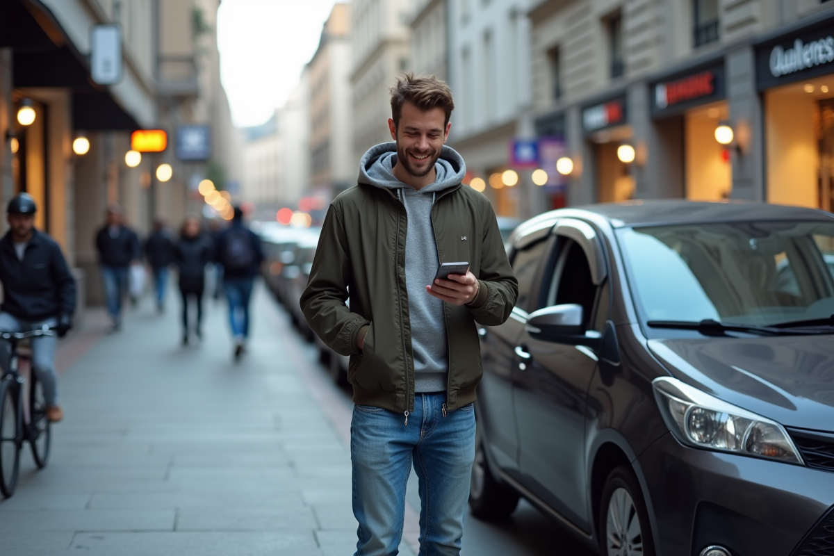 Homme décontracté près d'une voiture en ville