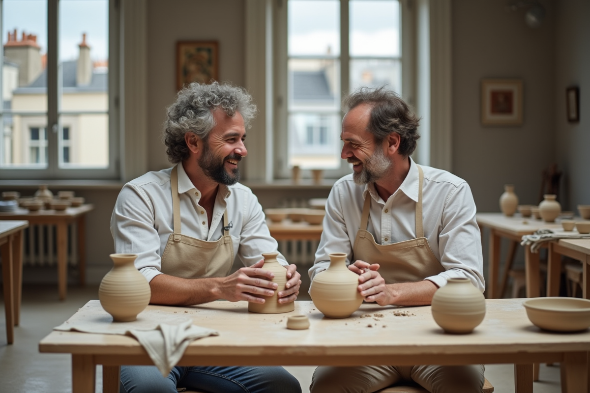 Deux hommes discutant et riant autour de vases en argile dans un studio lumineux