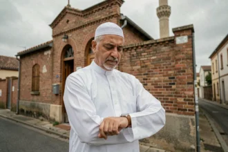Homme musulman vérifiant l'heure des prières devant une mosquée de Roubaix