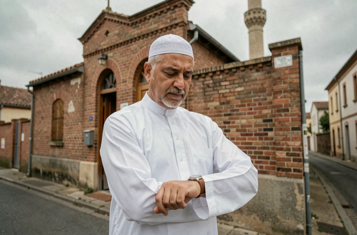 Homme musulman vérifiant l'heure des prières devant une mosquée de Roubaix