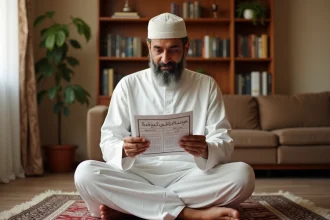 Homme musulman consultant un calendrier imprimé des horaires de prière à Nîmes