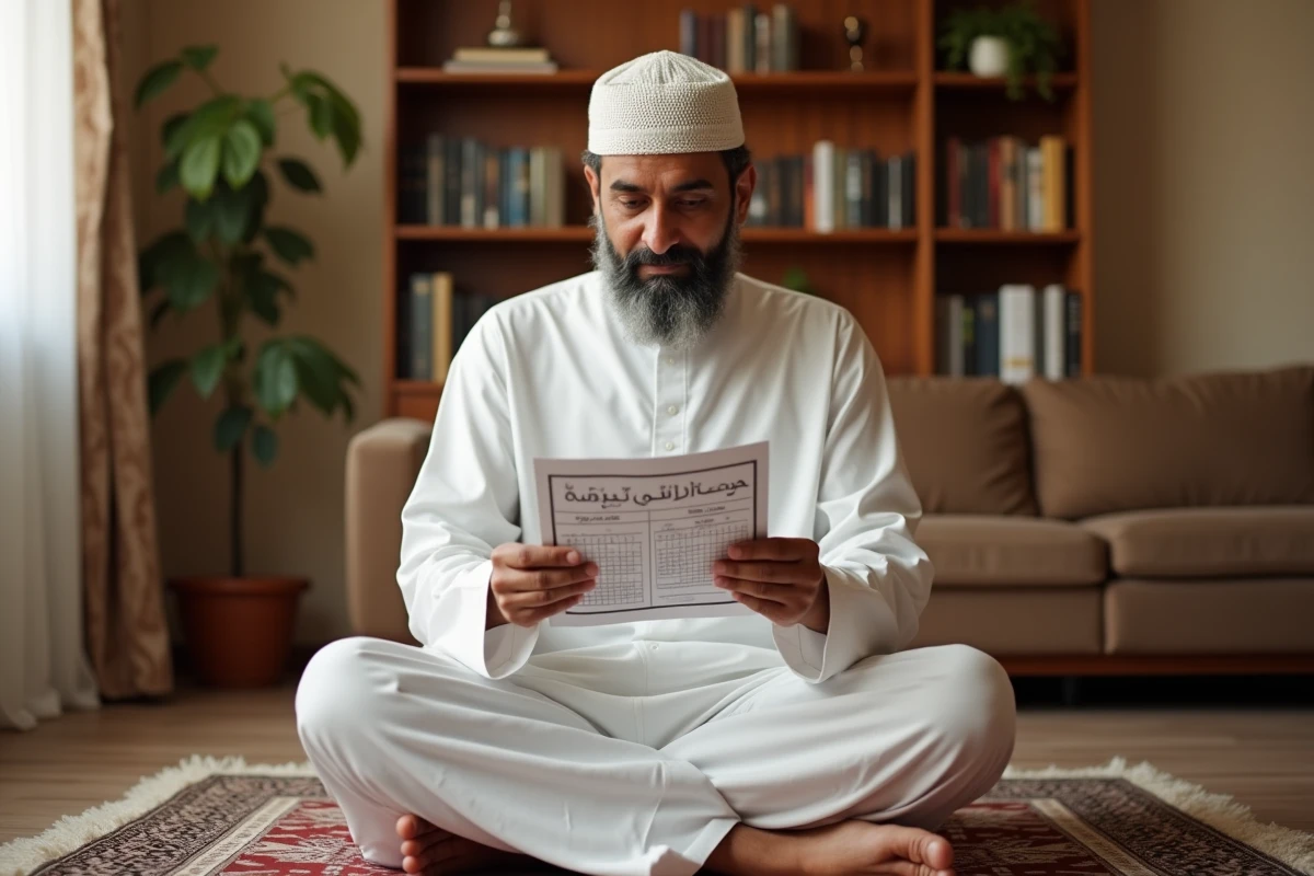 Homme musulman consultant un calendrier imprimé des horaires de prière à Nîmes