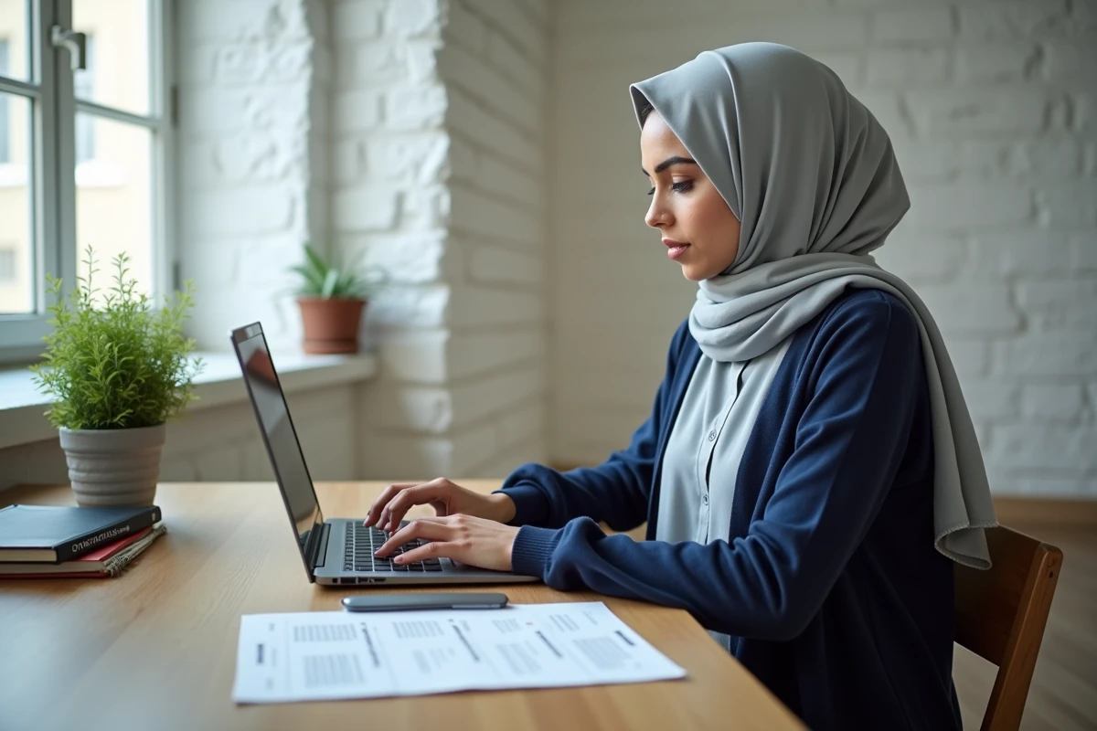 Femme consultant les horaires de prière de Nîmes sur ordinateur avec planning PDF imprimé
