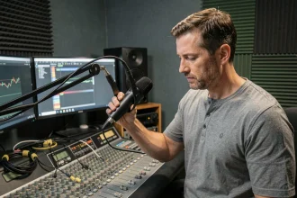 Ingénieur du son ajustant un microphone samarium cobalt sur une console de mixage en home studio acoustiquement traité