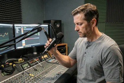 Ingénieur du son ajustant un microphone samarium cobalt sur une console de mixage en home studio acoustiquement traité